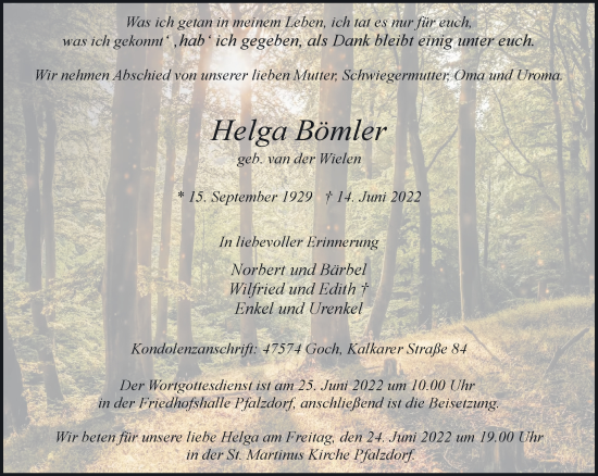 Traueranzeige von Helga Bömler 