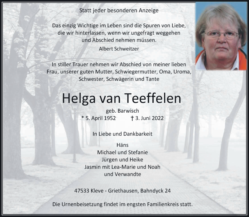  Traueranzeige für Helga van Teeffelen vom 11.06.2022 aus 