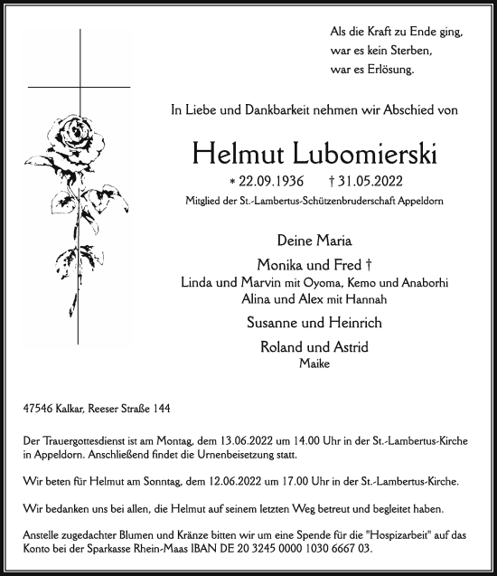 Traueranzeige von Helmut Lubomierski 