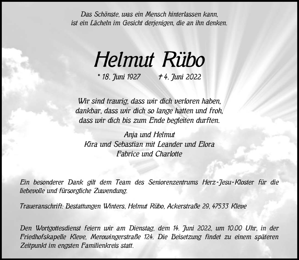  Traueranzeige für Helmut Rübo vom 11.06.2022 aus 