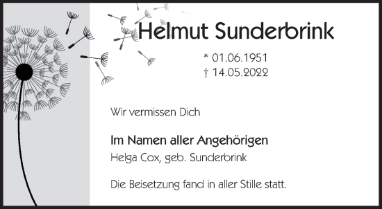Traueranzeige von Helmut Sunderbrink 