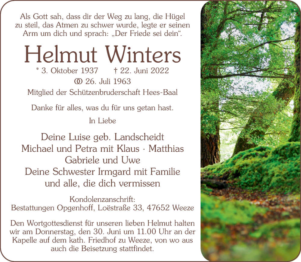  Traueranzeige für Helmut Winters vom 25.06.2022 aus 