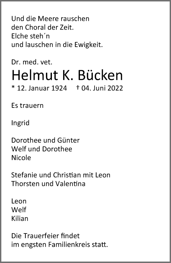 Traueranzeige von Helmut K. Bücken 