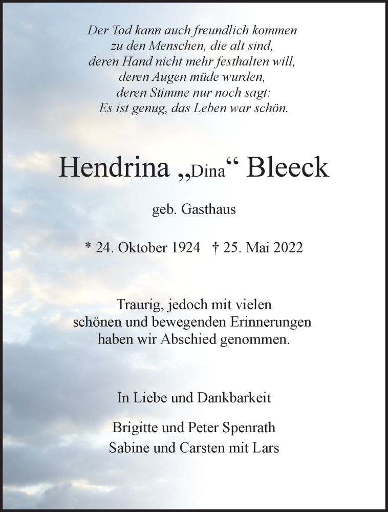  Traueranzeige für Hendrina Bleeck vom 11.06.2022 aus 