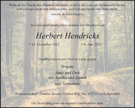 Traueranzeige von Herbert Hendricks 