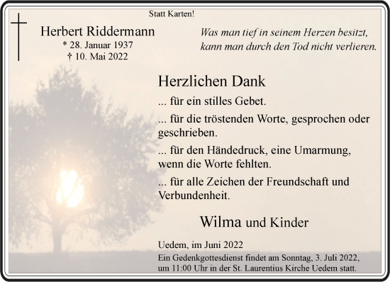 Traueranzeige von Herbert Riddermann 
