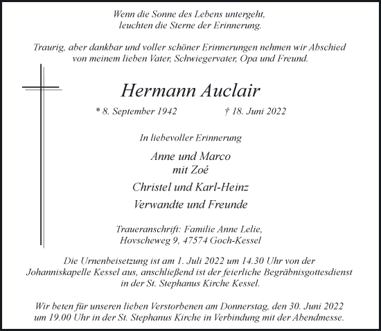 Traueranzeige von Hermann Auclair 