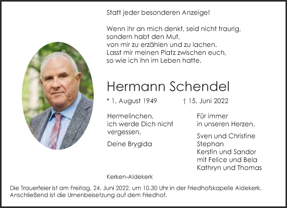  Traueranzeige für Hermann Schendel vom 22.06.2022 aus 