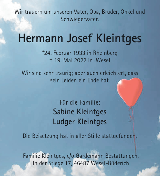 Traueranzeige von Hermann Josef Kleintges 