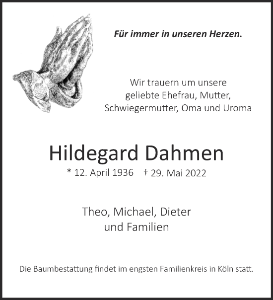 Traueranzeige von Hildegard Dahmen 