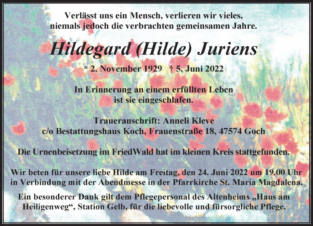  Traueranzeige für Hildegard Juriens vom 18.06.2022 aus 