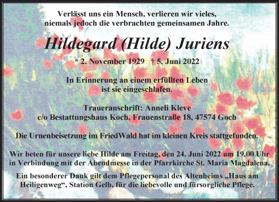 Traueranzeige von Hildegard Juriens 