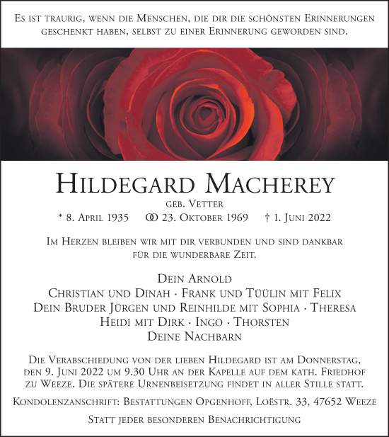 Traueranzeige von Hildegard Macherey 
