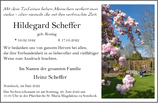 Traueranzeige von Hildegard Scheffer 
