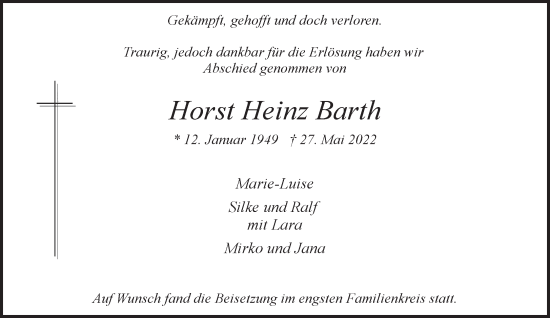 Traueranzeige von Horst Heinz Barth 