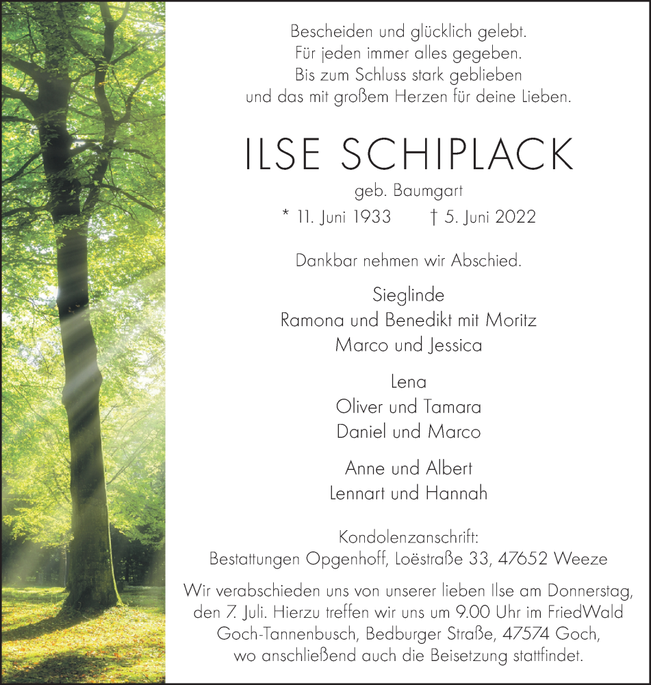  Traueranzeige für Ilse Schiplack vom 11.06.2022 aus 