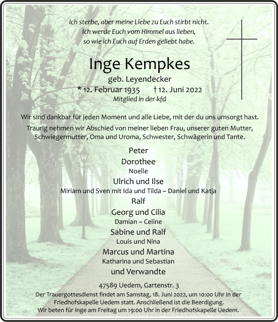 Traueranzeige von Inge Kempkes 