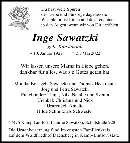Traueranzeige von Inge Sawatzki 
