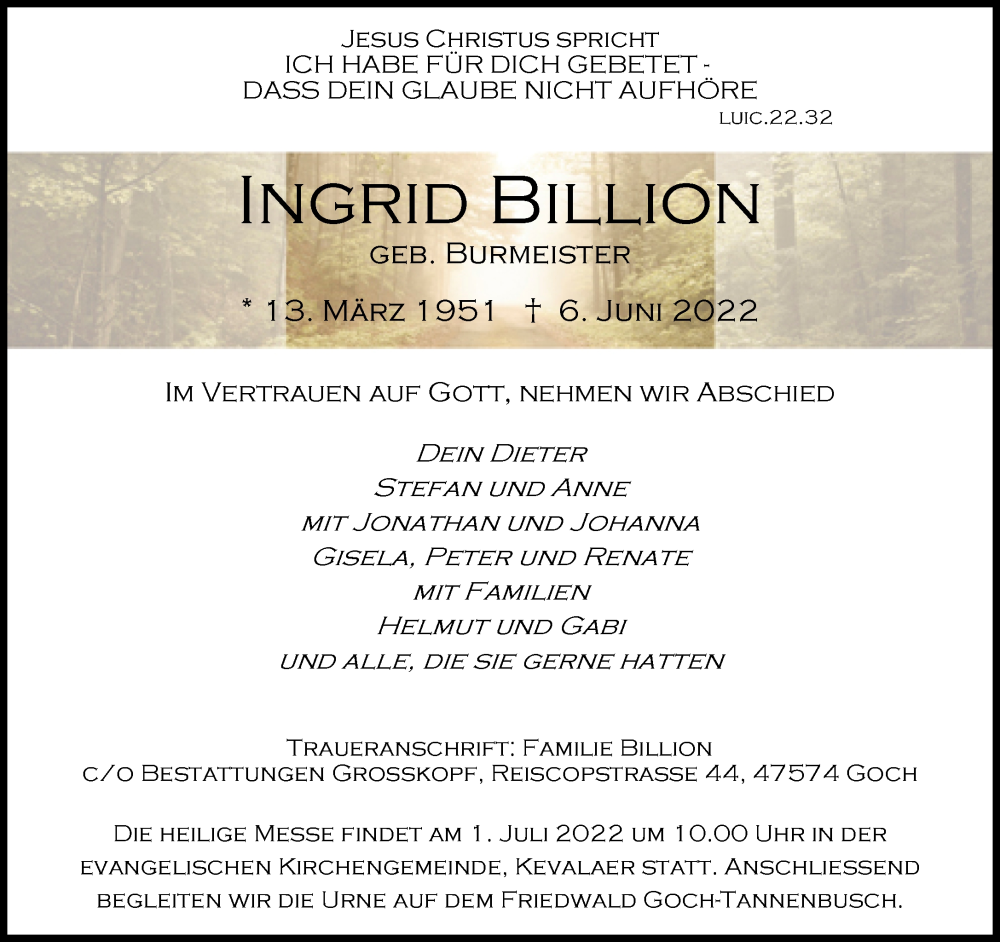  Traueranzeige für Ingrid Billion vom 25.06.2022 aus 