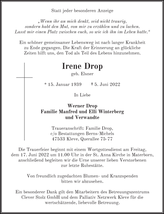 Traueranzeige von Irene Drop 