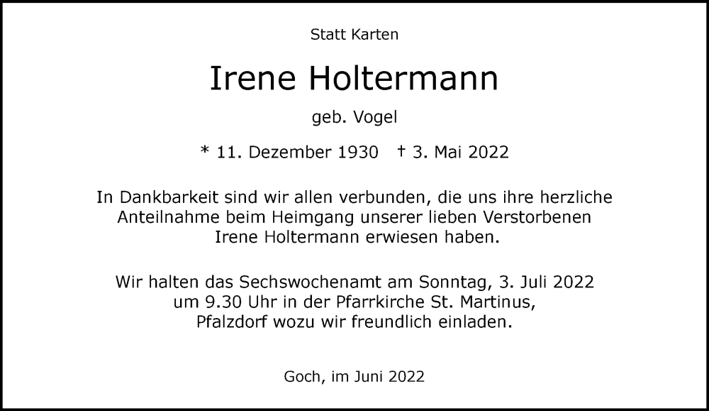  Traueranzeige für Irene Holtermann vom 25.06.2022 aus 