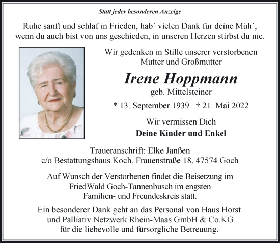 Traueranzeige von Irene Hoppmann 