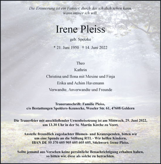 Traueranzeige von Irene Pleiss 