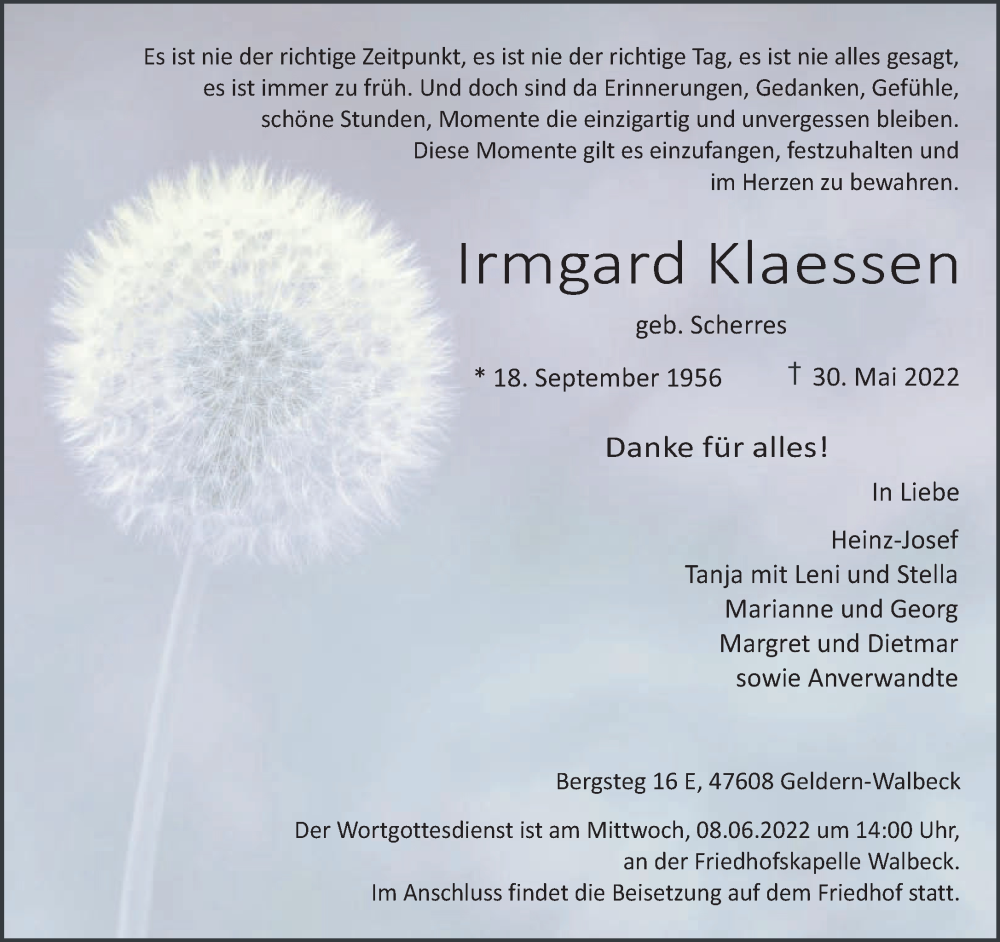  Traueranzeige für Irmgard Klaessen vom 04.06.2022 aus 
