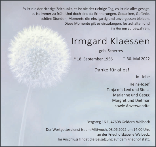 Traueranzeige von Irmgard Klaessen 