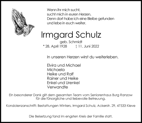 Traueranzeige von Irmgard Schulz 