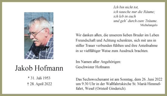 Traueranzeige von Jakob Hofmann 