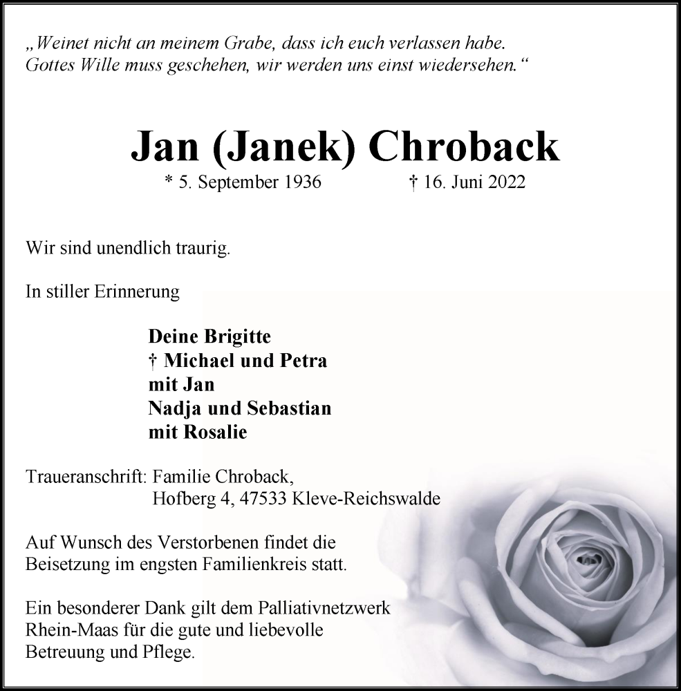  Traueranzeige für Jan Chroback vom 22.06.2022 aus 