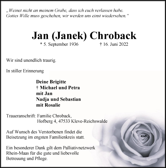 Traueranzeige von Jan Chroback 