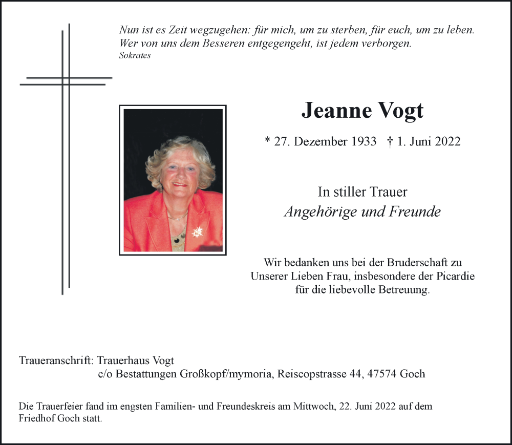  Traueranzeige für Jeanne Vogt vom 25.06.2022 aus 