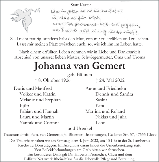 Traueranzeige von Johanna van Gemert 