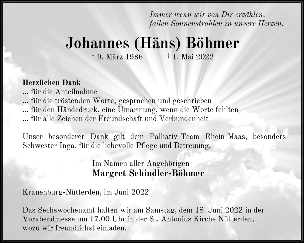  Traueranzeige für Johannes Böhmer vom 11.06.2022 aus 