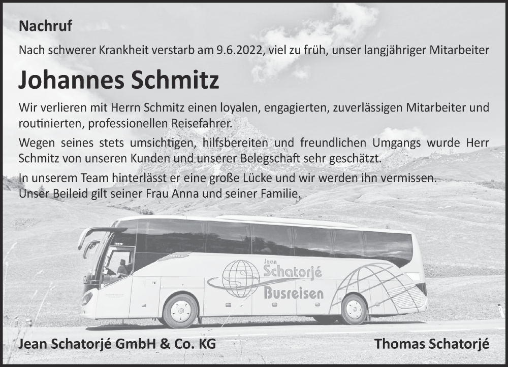  Traueranzeige für Johannes Schmitz vom 18.06.2022 aus 