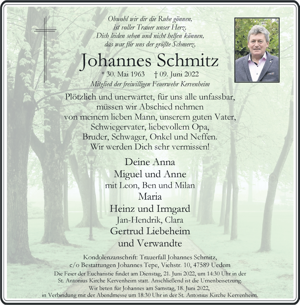  Traueranzeige für Johannes Schmitz vom 15.06.2022 aus 