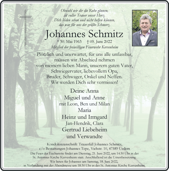 Traueranzeige von Johannes Schmitz 