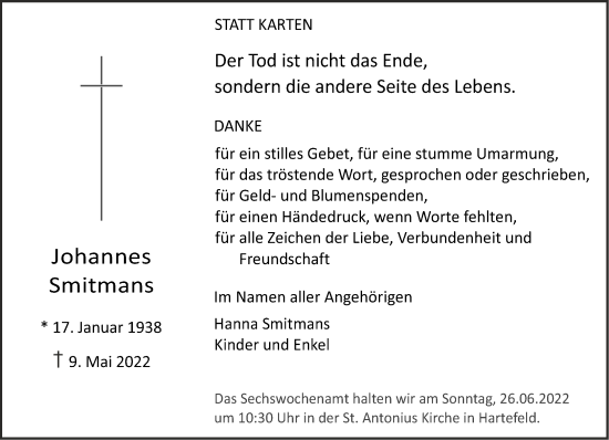 Traueranzeige von Johannes Smitmans 