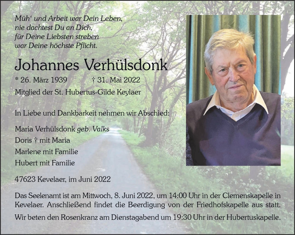  Traueranzeige für Johannes Verhülsdonk vom 04.06.2022 aus 