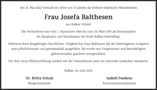 Traueranzeige von Josefa Balthesen 