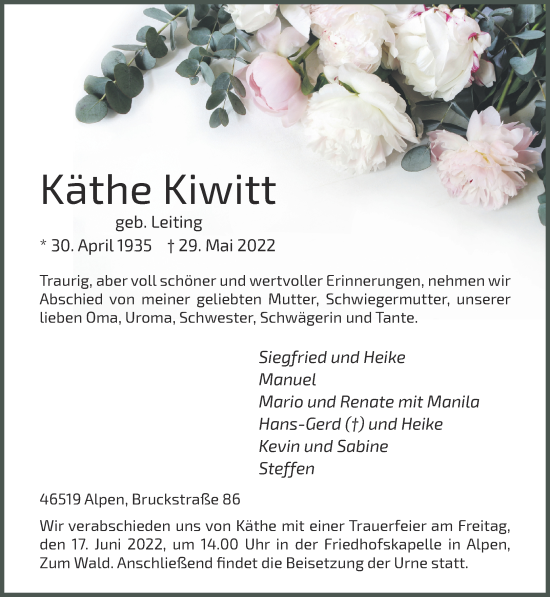 Traueranzeige von Käthe Kiwitt 