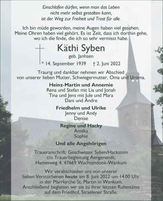 Traueranzeige von Käthi Syben 
