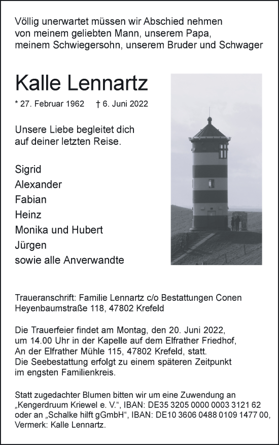 Traueranzeige von Kalle Lennartz 