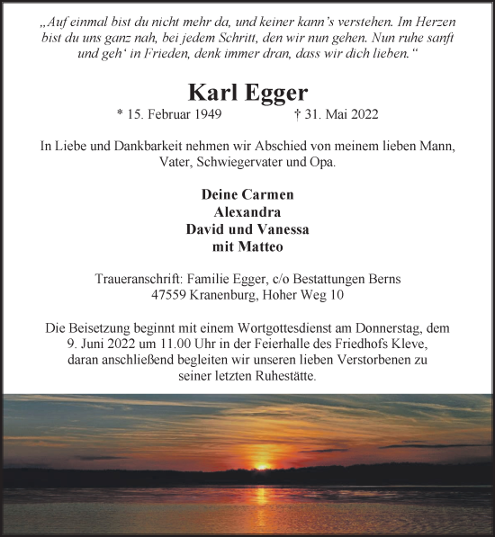 Traueranzeige von Karl Egger 