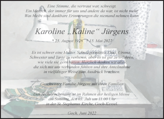 Traueranzeige von Karoline Jürgens 