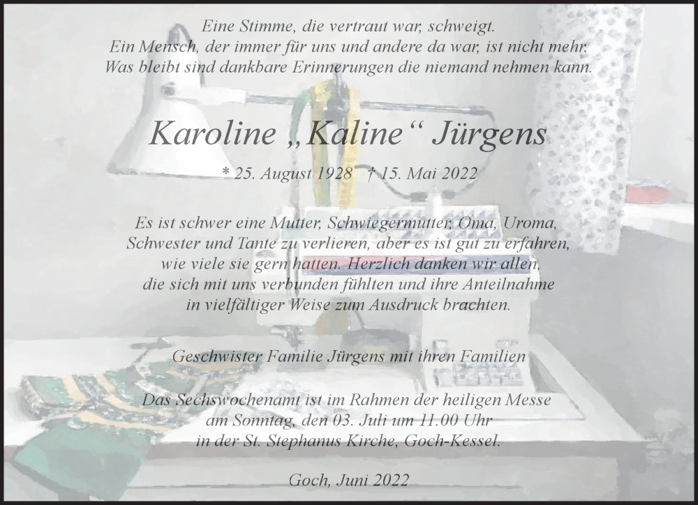  Traueranzeige für Karoline Jürgens vom 29.06.2022 aus 