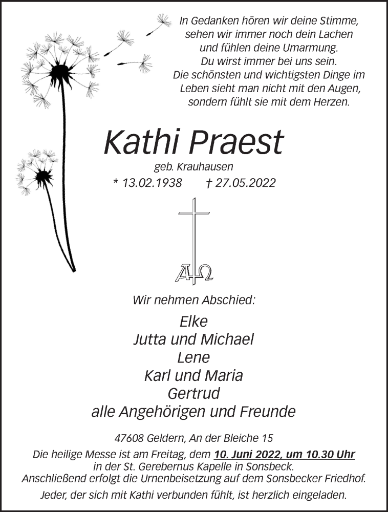 Traueranzeige für Kathi Praest vom 04.06.2022 aus 