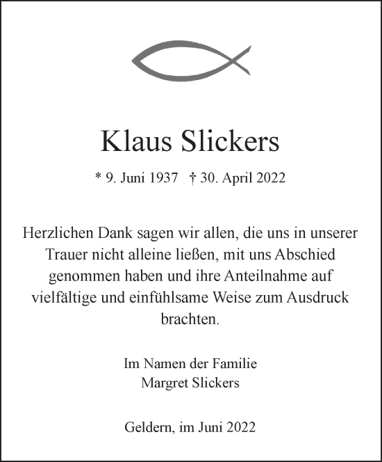 Traueranzeige von Klaus Slickers 
